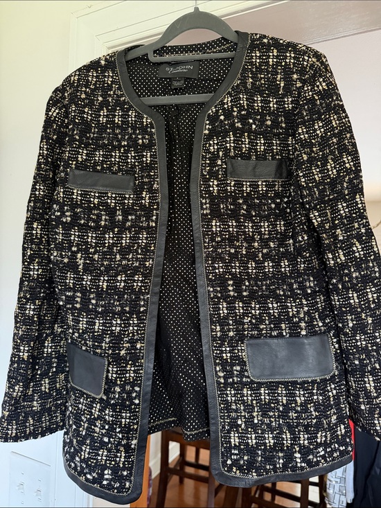 St. John Jackets & Blazers - St. John Black & Cream Tweed Collarless Blazer with Leather Trim